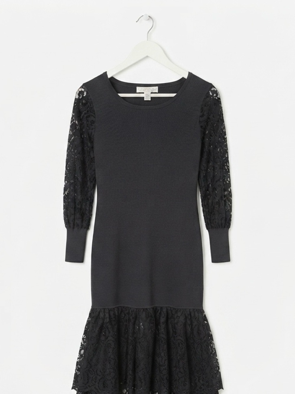 eva mendes for New York & Company Black Lace-Sleeve Knit Dress with Flounced Hem